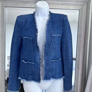 JOSEPH Womens Blue Metallic Tweed Silk Blend Blazer Fringe Size 40 EU. US M.